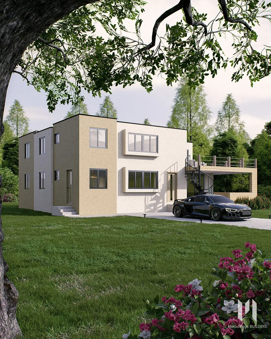 Photorealistic render of a two-storey residence seen through a garden setting, framed by a large tree canopy with a spiral staircase visible on the upper level.